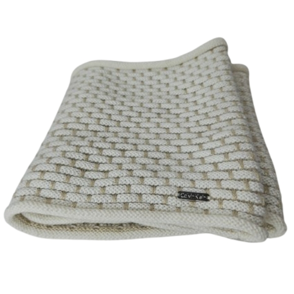 Calvin Klein Wool Knitting Scarf reversible FRINGED scarf, Gold Cream One Size - Picture 1 of 9